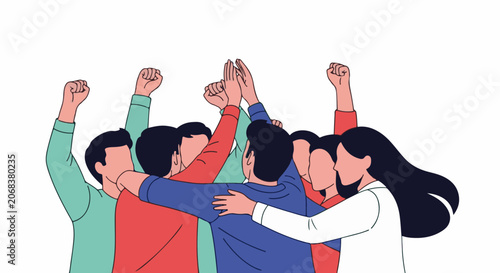 A group of people with their arms around each other and fists raised