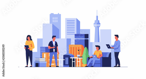 A group of people working on computers and tablets on a city background