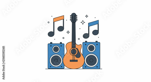 A guitar with two speakers and music notes