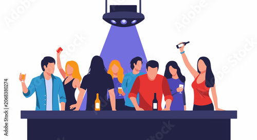 A group of young adults socializing at a bar with bottles and glasses
