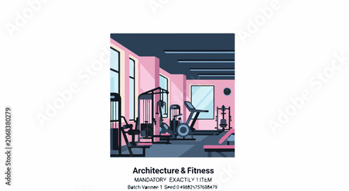 A gym interior with pink walls and dark blue ceiling featuring exercise equipment
