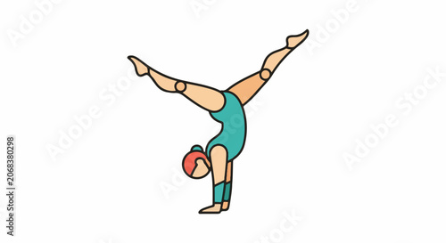 A gymnast in a teal leotard performing a handstand with legs spread