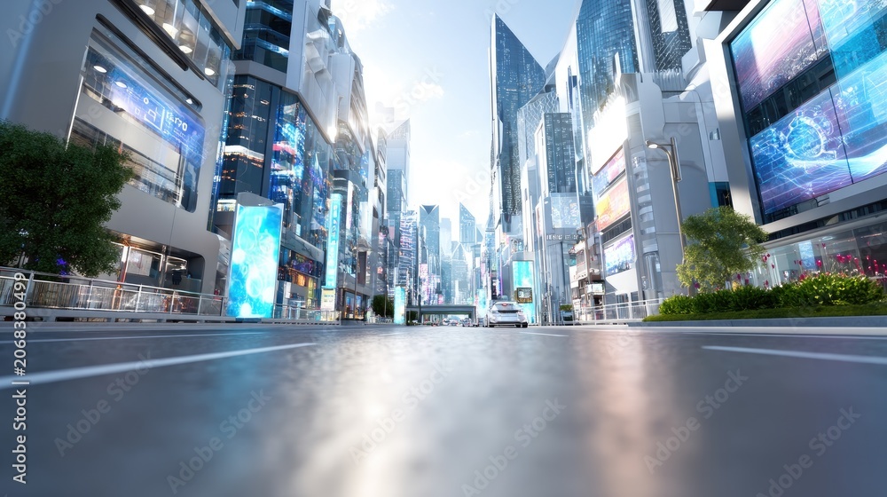 Obraz premium Modern Urban Cityscape with Futuristic Skyscrapers and Bright Digital Billboards at Daytime