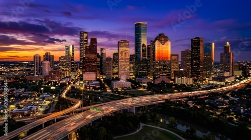 Houston skyline at dusk with highway traffic and dramatic sunset colors