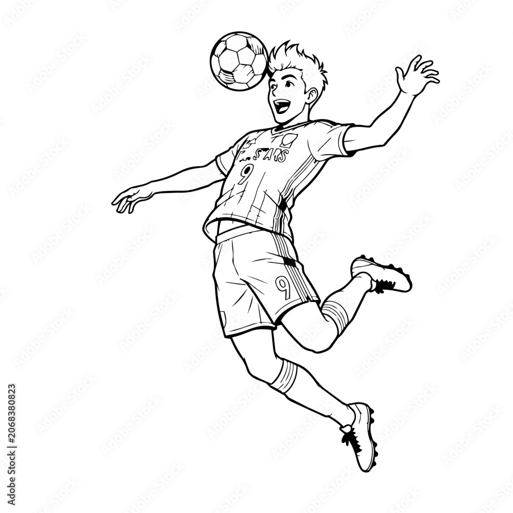 Fototapeta premium Young soccer player jumping, heading the ball, dynamic action, sports illustration