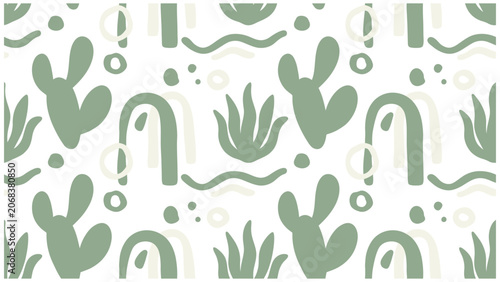 Abstract Pattern of Cactus Plants in Green Hues Forming a Decorative Wallpaper Design