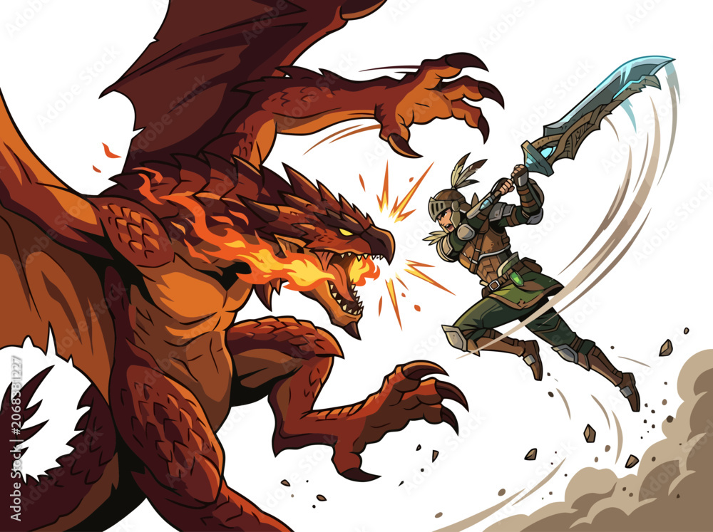 Naklejka premium A fierce battle between a powerful fire-breathing dragon and a brave armored warrior.