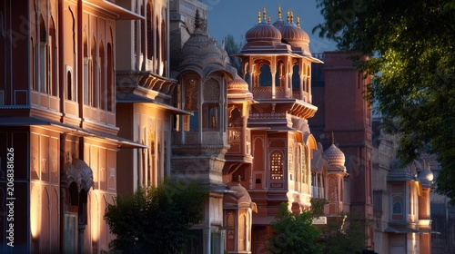 Beautiful architecture of Jaipur illuminated at dusk showcasing intricate designs and traditional Rajasthani features