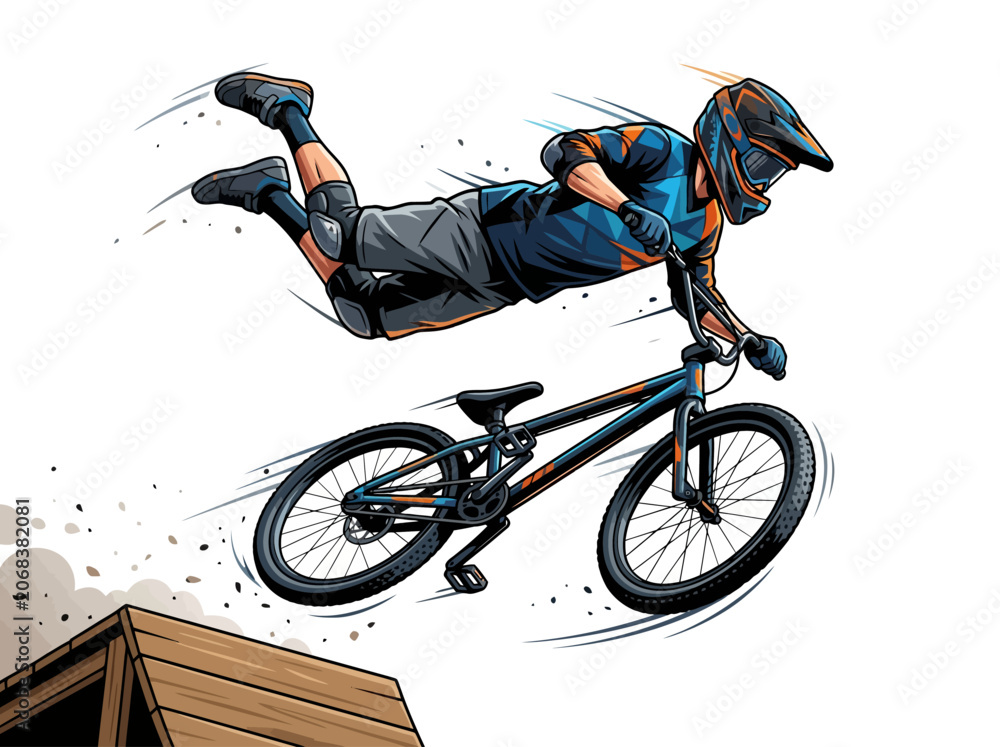 Naklejka premium A stylized illustration of a BMX rider performing an aerial stunt off a wooden ramp.