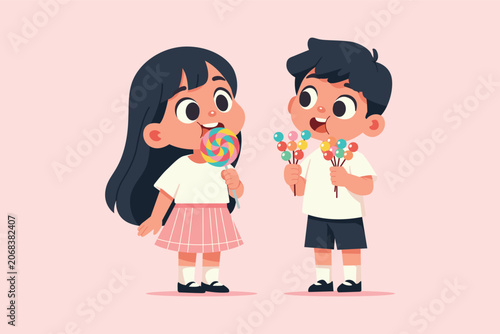 Happy Kids Holding Lollipop Vector