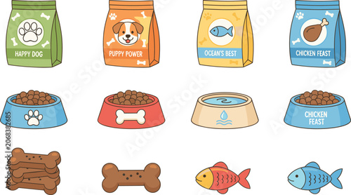 Foto Pet food supplies collection with bowls and treats, colorful animal nutrition ve