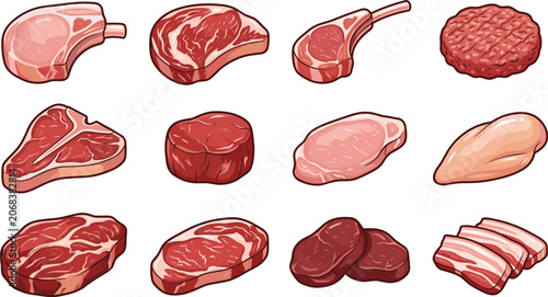 Photos Raw meat cuts collection, beef pork chicken and steak vector illustration bundle