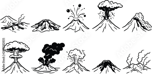 Fotografie Volcanic eruption icons collection with lava and smoke effects, black line vecto