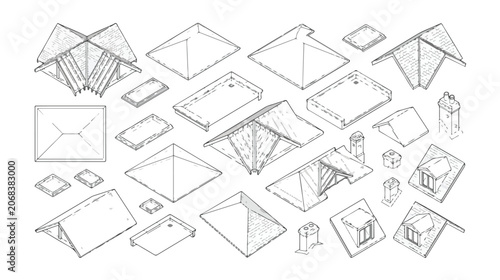 Photos Architectural roof types vector set, hand drawn house roofing construction eleme