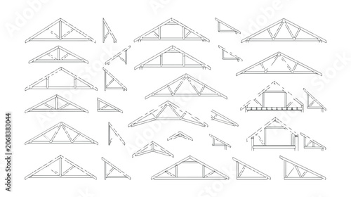 Fotografía Architectural roof truss collection, technical timber framing diagrams for house