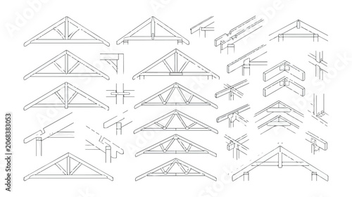 Schilderij op canvas Timber roof truss vector set, architectural wood framing construction diagrams,