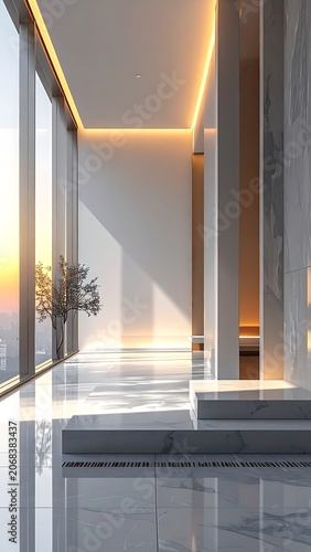 Modern interior design with warm lighting.