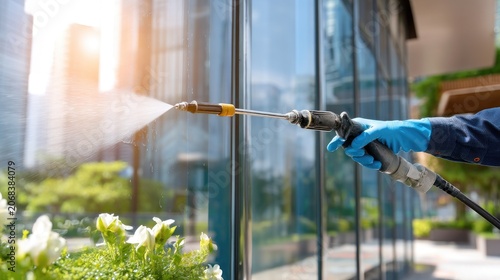 Professional Window Cleaning with High Pressure Water Spray in Urban Environment
