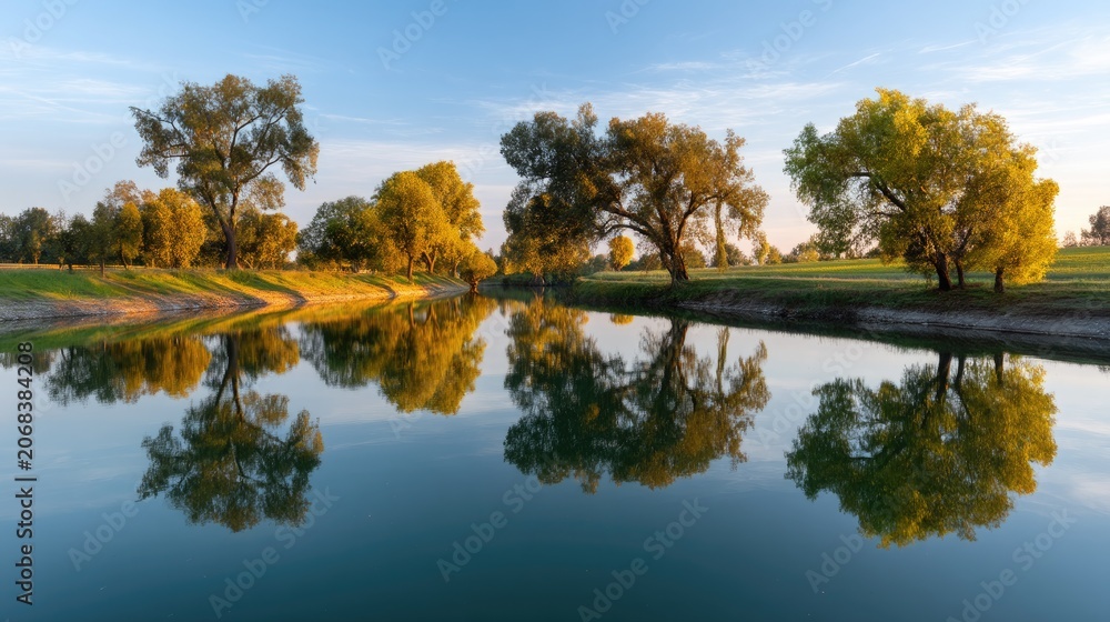 Obraz premium Serene River Landscape with Reflections of Trees and Clear Blue Sky at Golden Hour in Tranquil Natural Setting