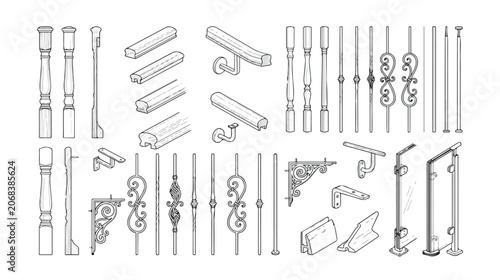 Fotografie Architectural staircase railing components set, wrought iron balusters and woode