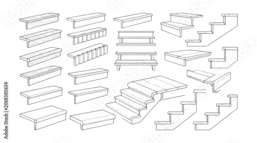 Bild auf Leinwand Architectural staircase line icons set, modern stair steps and ladder vector ele