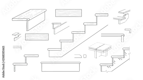 Fotografía Architectural staircase construction details vector set, wooden stair tread and