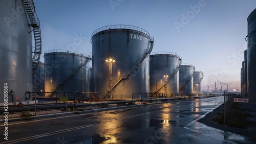 Industrial oil storage tank farm at dusk