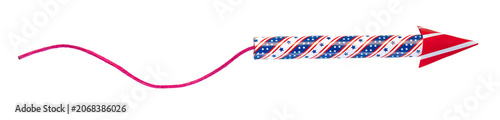 Fourth of July rocket firework with long fuse on transparent background. Single firework in USA colors of red, white, and blue for patriotic US American 4th of July or America's Independence day.