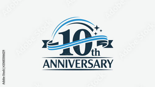 Elegant tenth anniversary celebration logo featuring a stylized number ten with a blue ribbon and stars on a white background.