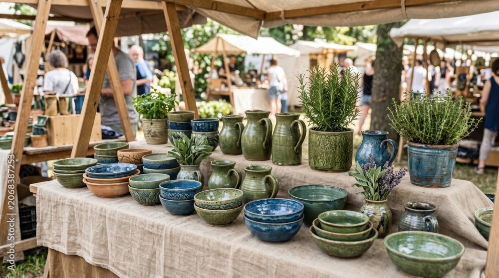 Fototapeta premium Outdoor market stall displaying handcrafted green and blue ceramic bowls, jugs and plant pots on linen covered table with wooden canopy and blurred shoppers in background at daytime craft fair