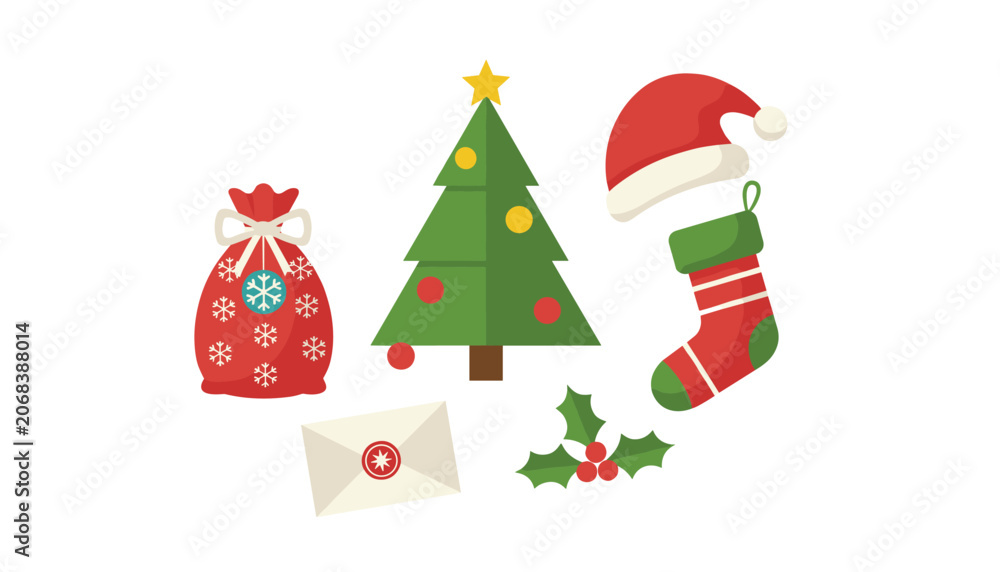 Naklejka premium Collection of flat christmas icons including a decorated tree santa hat red stocking gift bag and holly leaves on white.