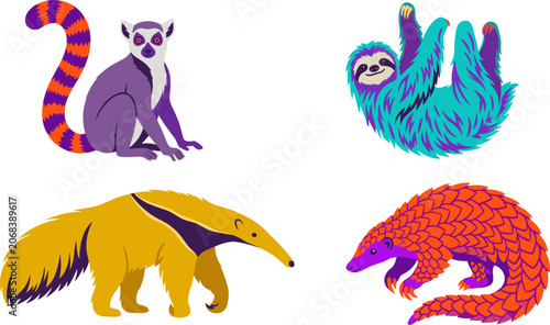 Photography Flat Vector Cartoon Illustration Set Featuring Ring Tailed Lemur Hanging Sloth G