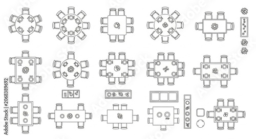 Top view of various dining table arrangements with chairs.