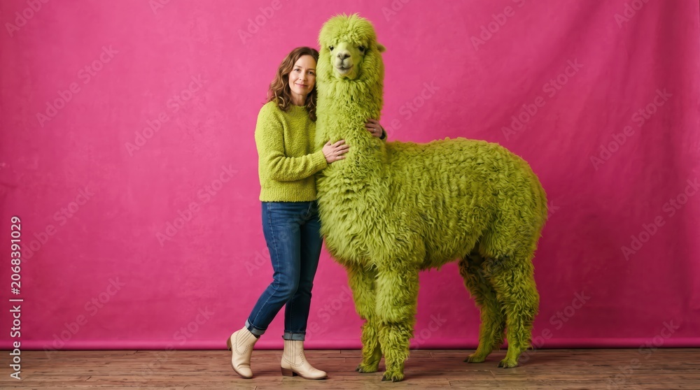 Obraz premium Woman standing and embracing oversized green dyed alpaca in studio with bold magenta backdrop, full length portrait conveying playful scale contrast, companionship and creative textile concept