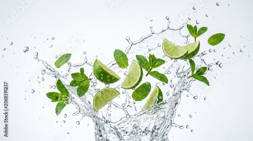 Refreshing High Speed Splash of Fresh Lime Slices and Mint in Water