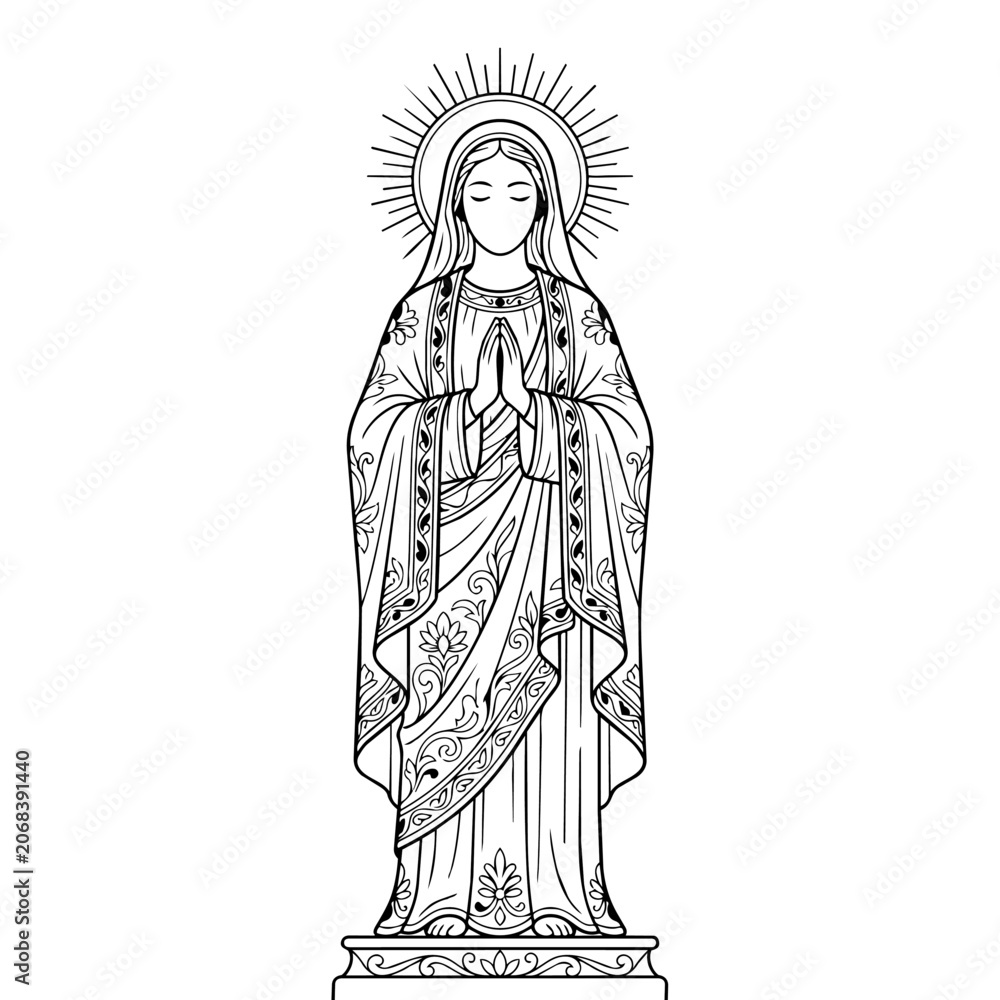 Obraz premium Virgin Mary Statue Line Art - Religious Iconography and Faith Symbol