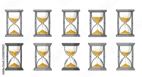 Foto Set of ten hourglasses showing different stages of time.