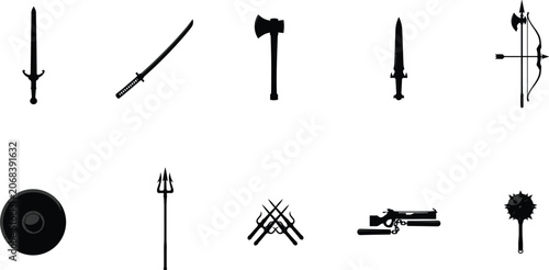 Photos Historical medieval weapons black silhouettes vector illustration set featuring