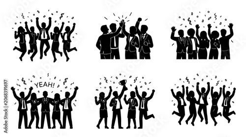 Tableau sur toile Silhouettes of happy people jumping and celebrating success.