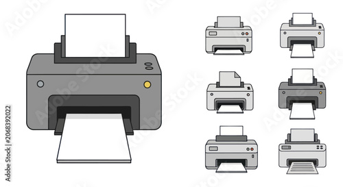 Photos Various office printer and scanner line art icons set.