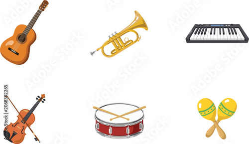 Fotografie Musical instruments vector illustration set featuring acoustic guitar brass trum