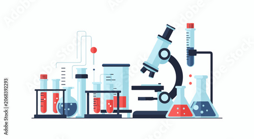 A laboratory setup with a microscope, test tubes, and flasks on a table