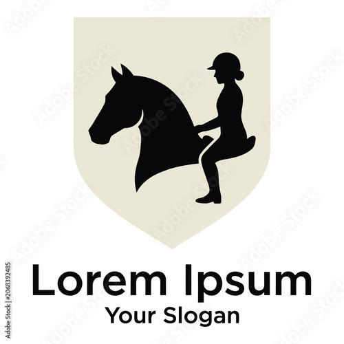 Tableau sur toile Equestrian woman riding horse silhouette on beige shield logo template icon