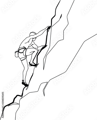 Fotografie Rock climber man climbing steep mountain wall vector line art illustration featu