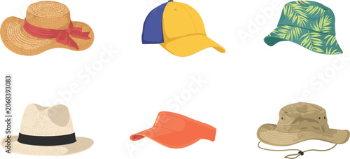 Summer hat vector illustration set featuring icons of straw sun hat baseball cap tropical bucket hat panama fedora sun visor and safari boonie hat
