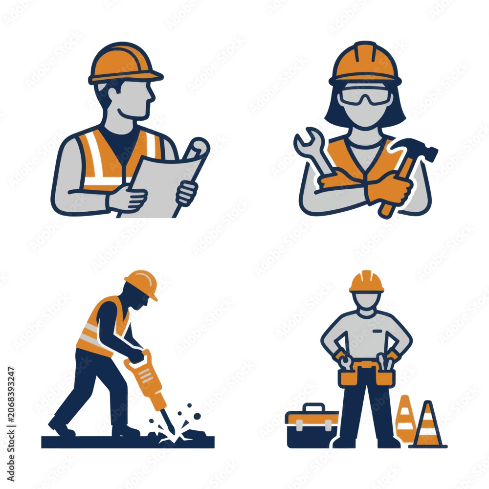 Fototapeta premium Construction worker icons set featuring engineer with blueprint female builder with tools and laborer with jackhammer.