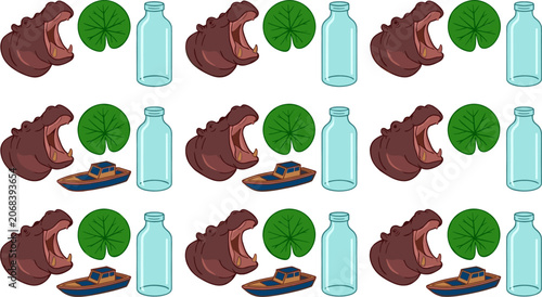 Photos Flat Vector Icon Pattern Set Featuring Roaring Hippopotamus Heads Green Water Li