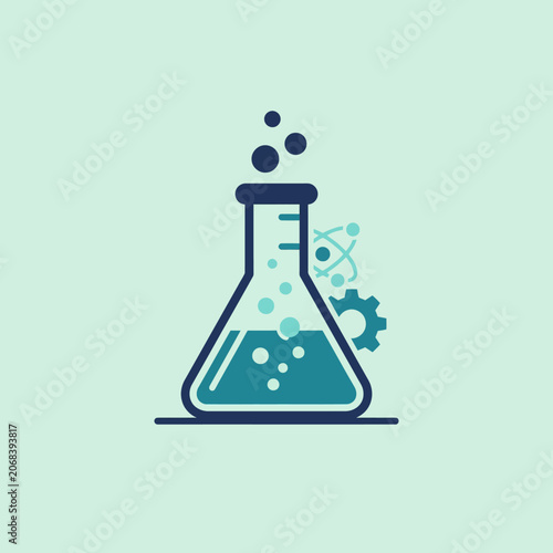 Minimalist science laboratory flask icon with atom and gear symbols