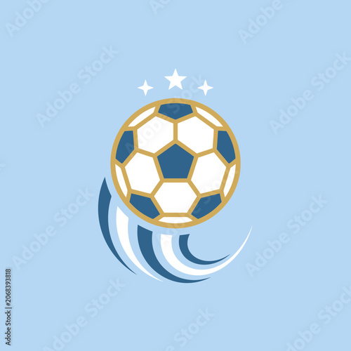 A stylized soccer ball logo with stars on a blue background