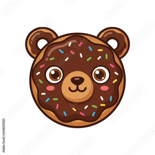 Cute chocolate bear donut with colorful sprinkles on white